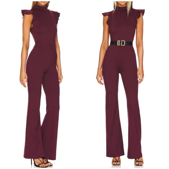 Amanda Uprichard Davina Ruffle Mock Neck Flare Jumpsuit Merlot Burgundy Sz XS - Picture 2 of 12